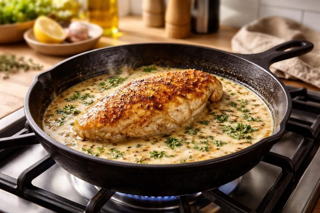 apprenez à cuisiner un poulet tendre et savoureux à la poêle, accompagné d'une sauce onctueuse à la crème fraîche, grâce à une astuce simple et rapide.
