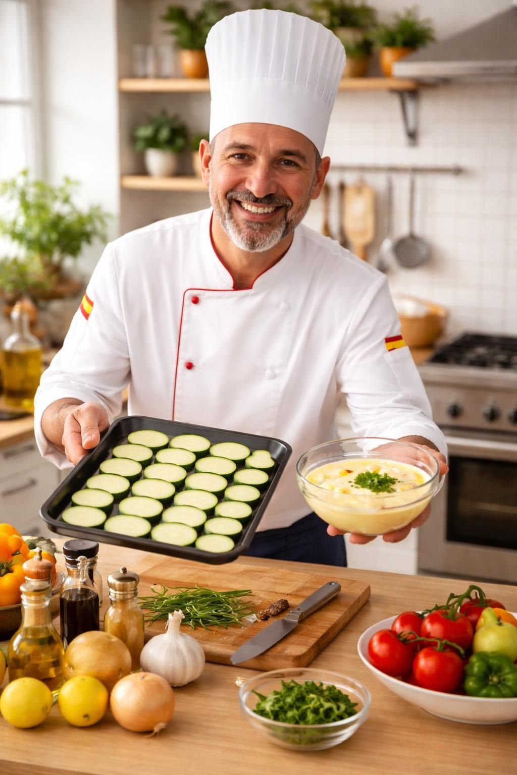 découvrez la recette savoureuse d'une chef espagnole pour des courgettes rôties accompagnées d'œufs, d'oignons caramélisés et d'une touche de yaourt pour un plat délicieux et original.
